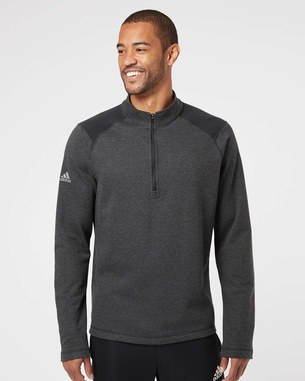 Adidas - Heathered Quarter-Zip Pullover with Colorblocked Shoulders - A463